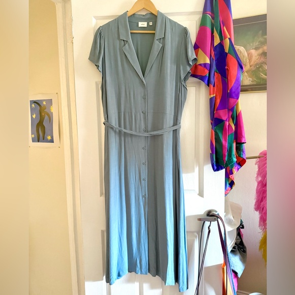 Wilfred Aritzia Shirt Dress Midi Blue Sage Belted Size XL Lined Pockets - Picture 2 of 8